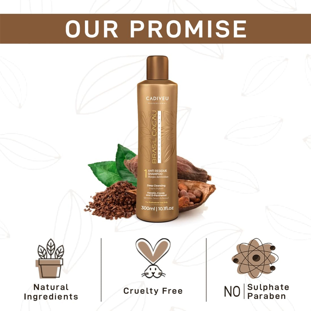 Brasil Cacau Anti Residue hair Shampoo with Keratin, cocoa and d-panthenol for deep cleaning, freezy, dull, dry and damaged hairs, restores shine, softness and rejuvinates the hair - 300ml