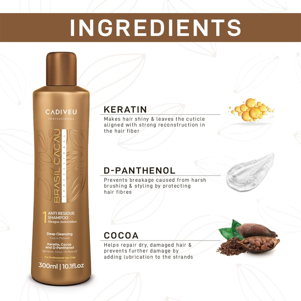 Brasil Cacau Anti Residue hair Shampoo with Keratin, cocoa and d-panthenol for deep cleaning, freezy, dull, dry and damaged hairs, restores shine, softness and rejuvinates the hair - 300ml