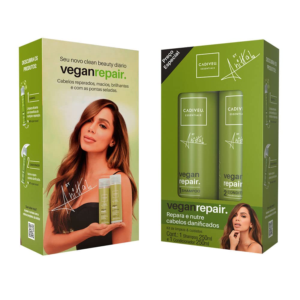 Cadiveu Essentials Vegan Repair by Anitta Shampoo And Conditioner Set (250ml Each).
